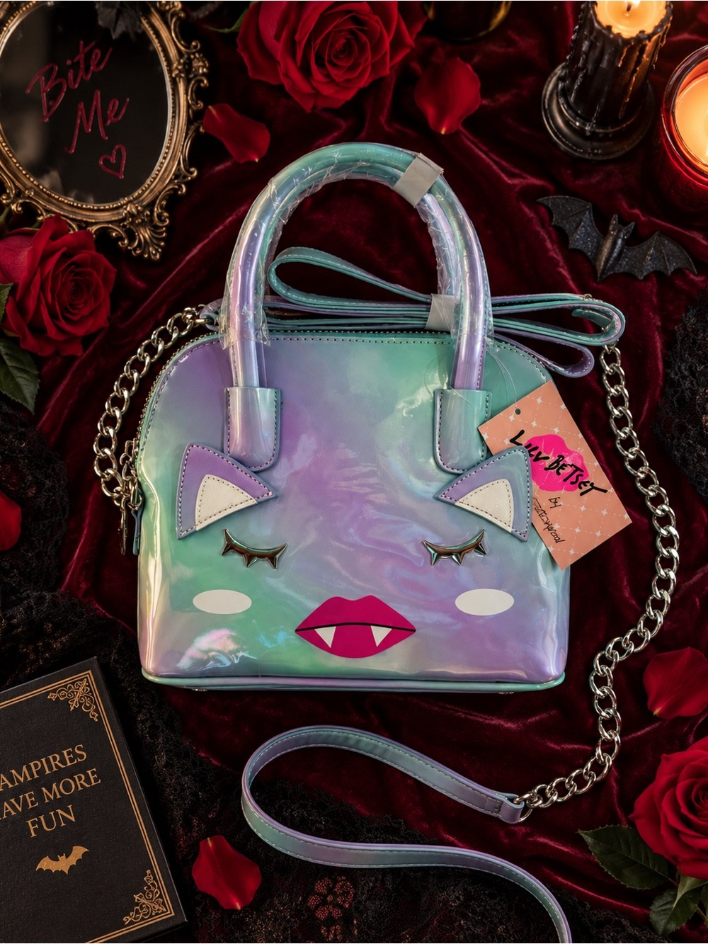 Luv Betsey Johnson Vampurr Crossbody Dome Purse Pastel Vampire Cat NWT - Picture 6 of 9